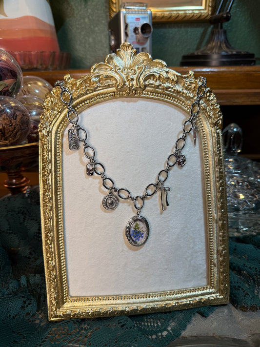 Silver forget me not locket charm necklace (a)