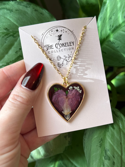 Pressed Bleeding heart flower necklace