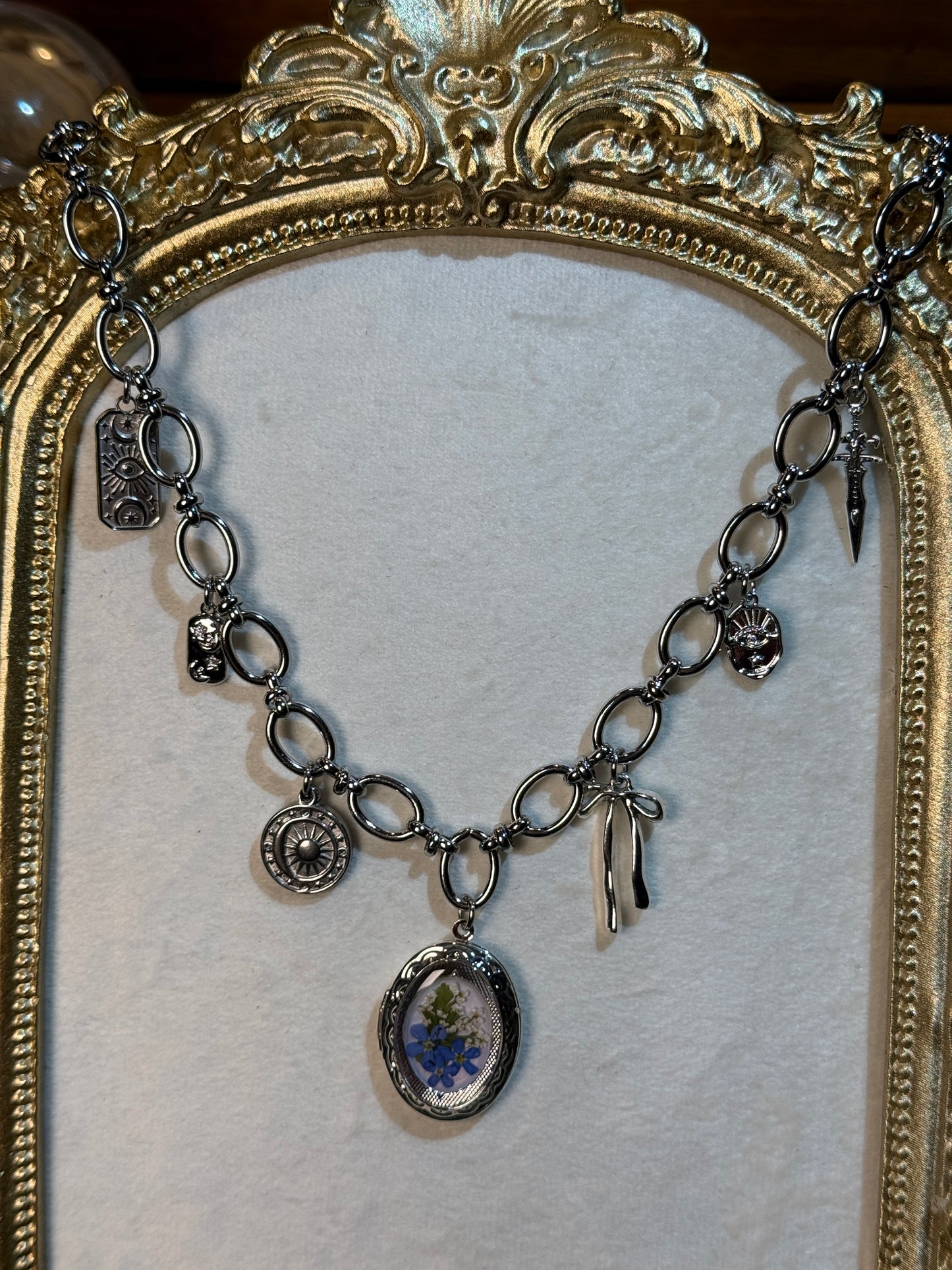 Silver forget me not locket charm necklace (a)