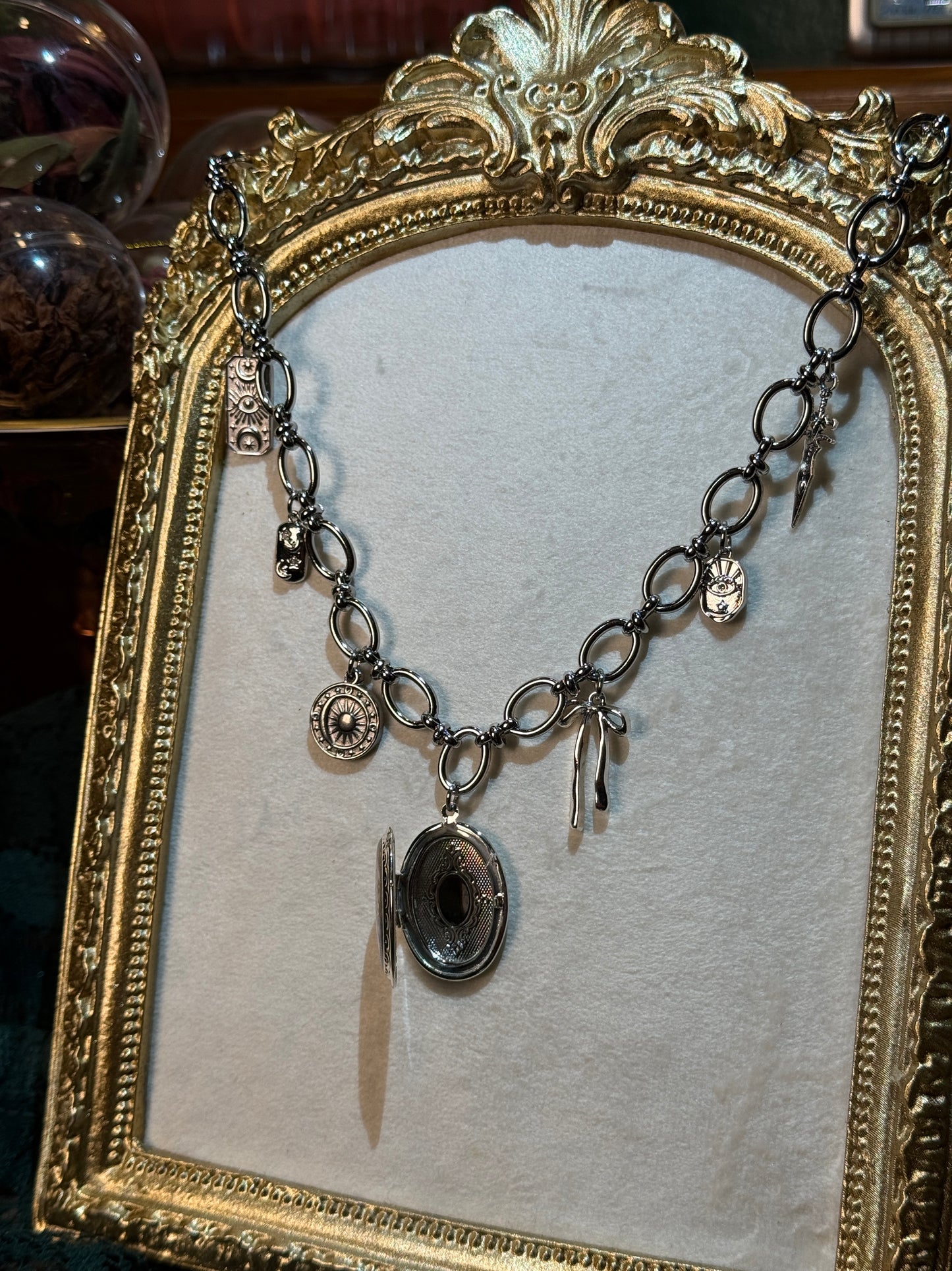 Silver forget me not locket charm necklace (a)