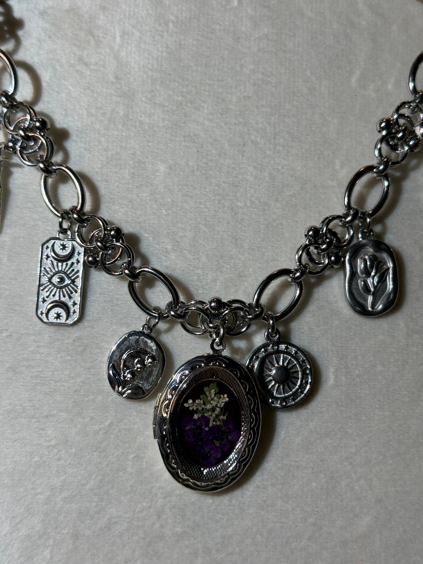 Silver locket charm necklace (d)
