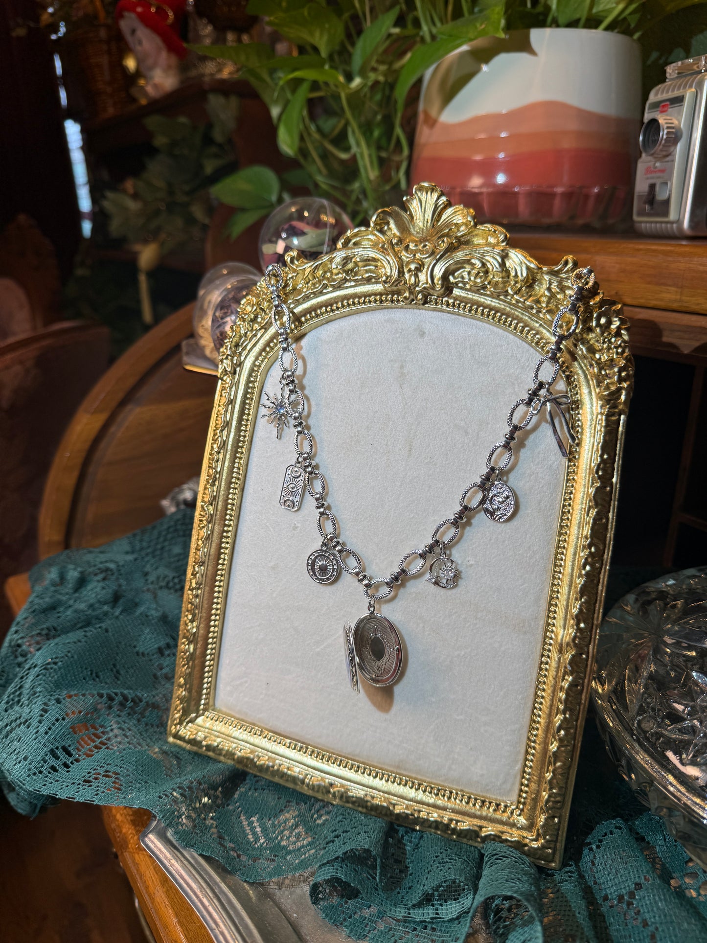 Silver locket charm necklace (f)