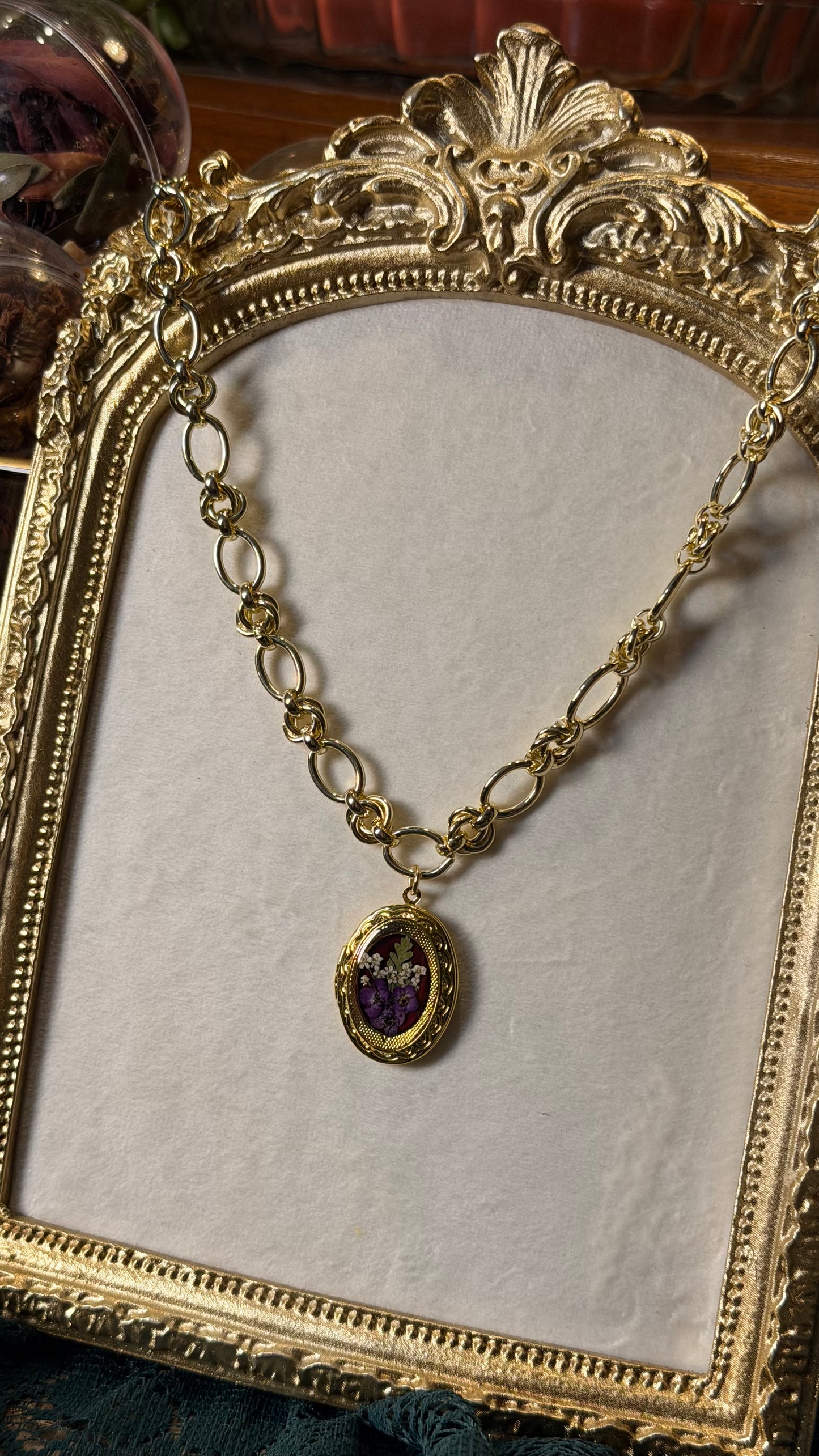 Gold locket necklace purple alyssum