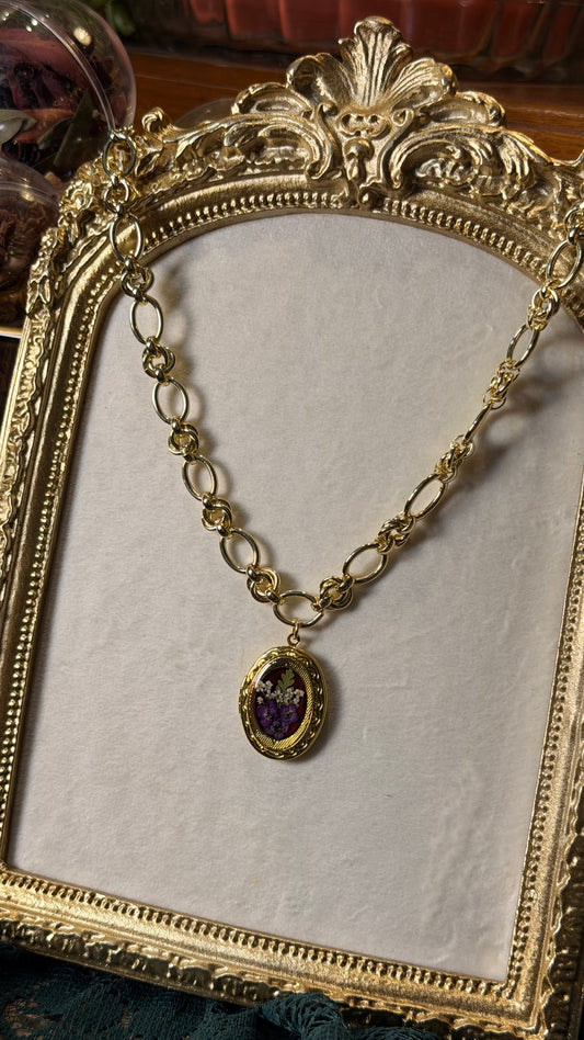 Gold locket necklace purple alyssum