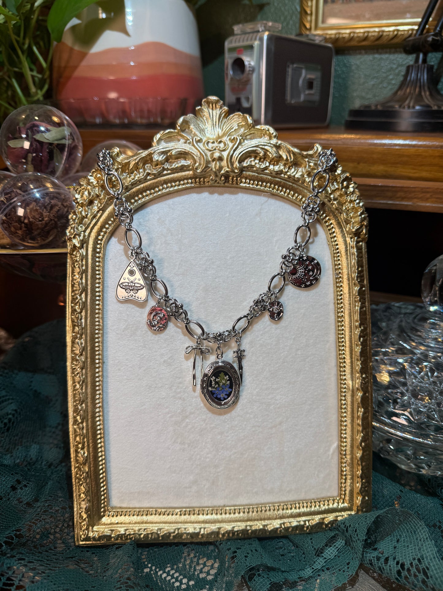Silver locket charm necklace (e)