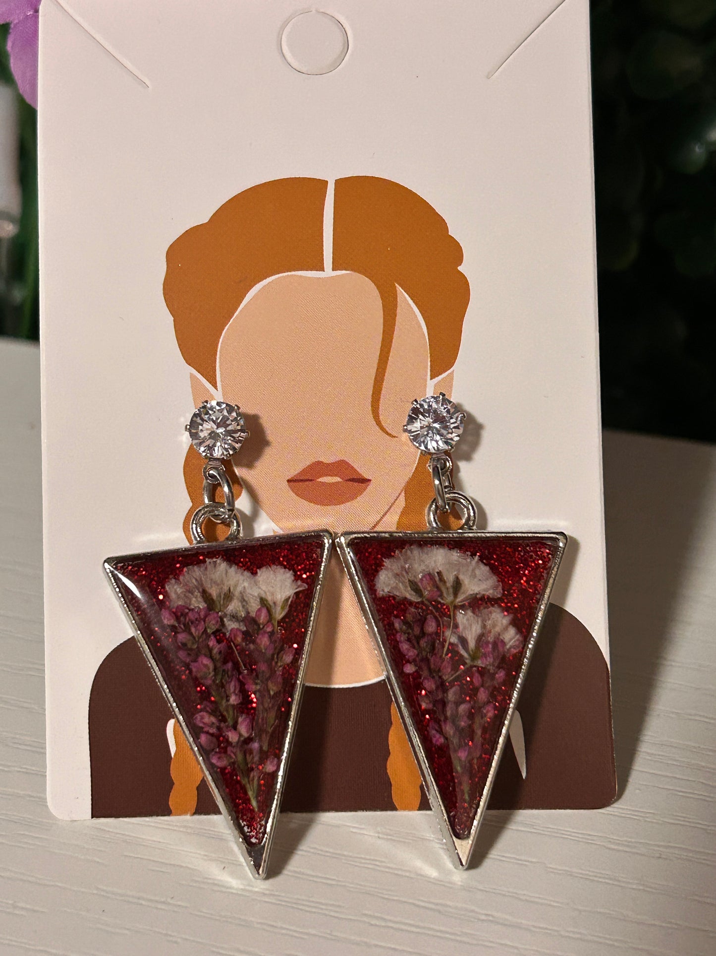 Red glitter silver triangle earrings