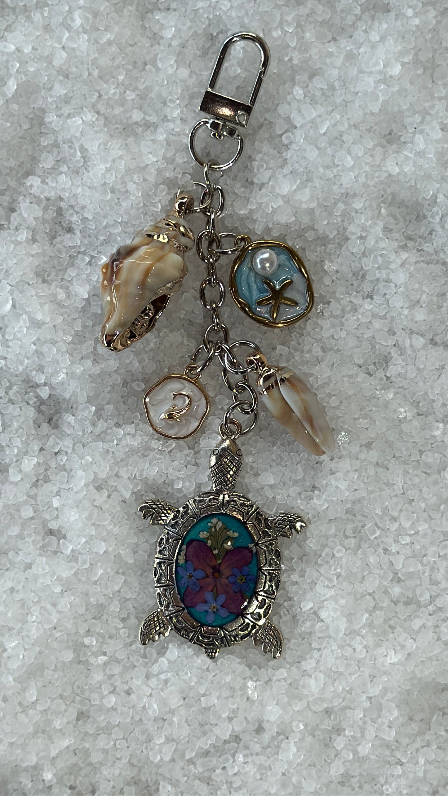 Pressed flower turtle bag charm #7