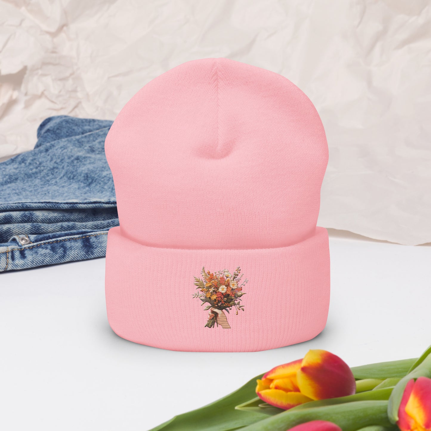 Hand Flower Bundle Embroidered Cuffed Beanie