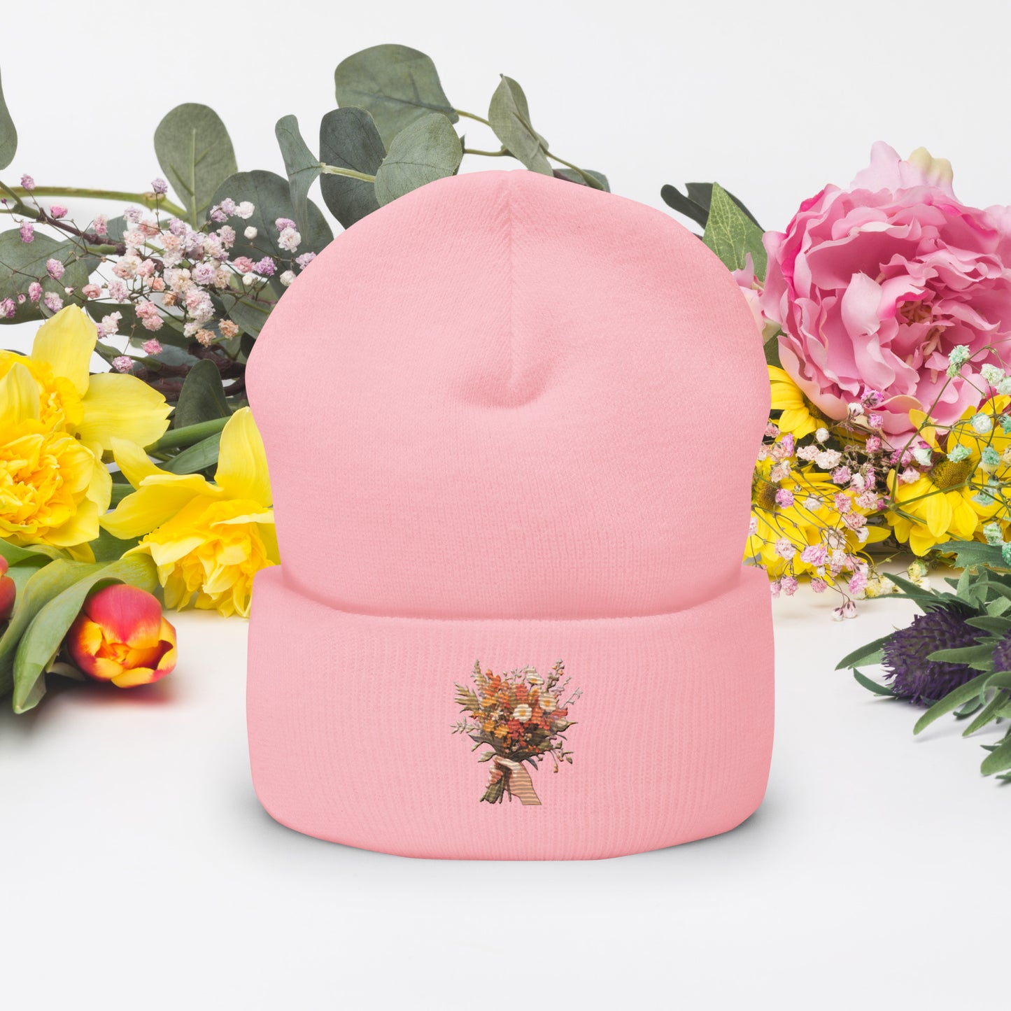 Hand Flower Bundle Embroidered Cuffed Beanie