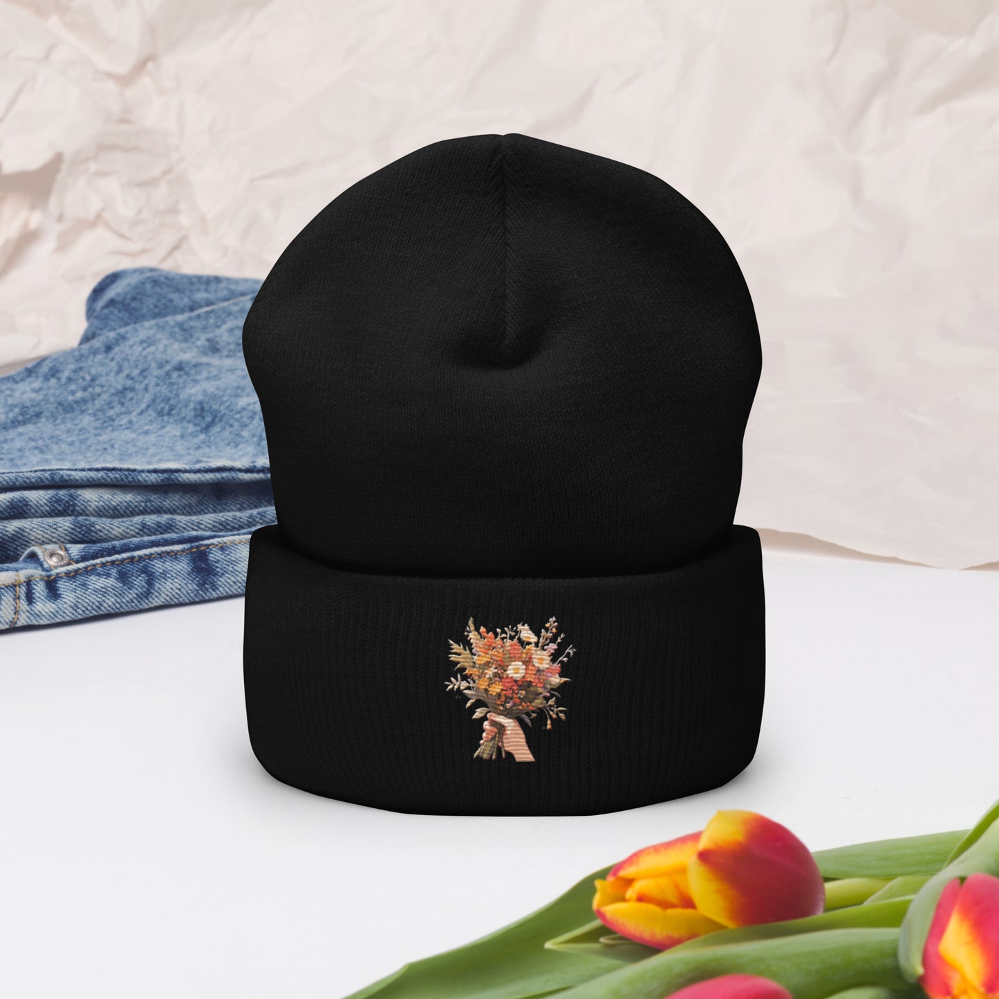 Hand Flower Bundle Embroidered Cuffed Beanie
