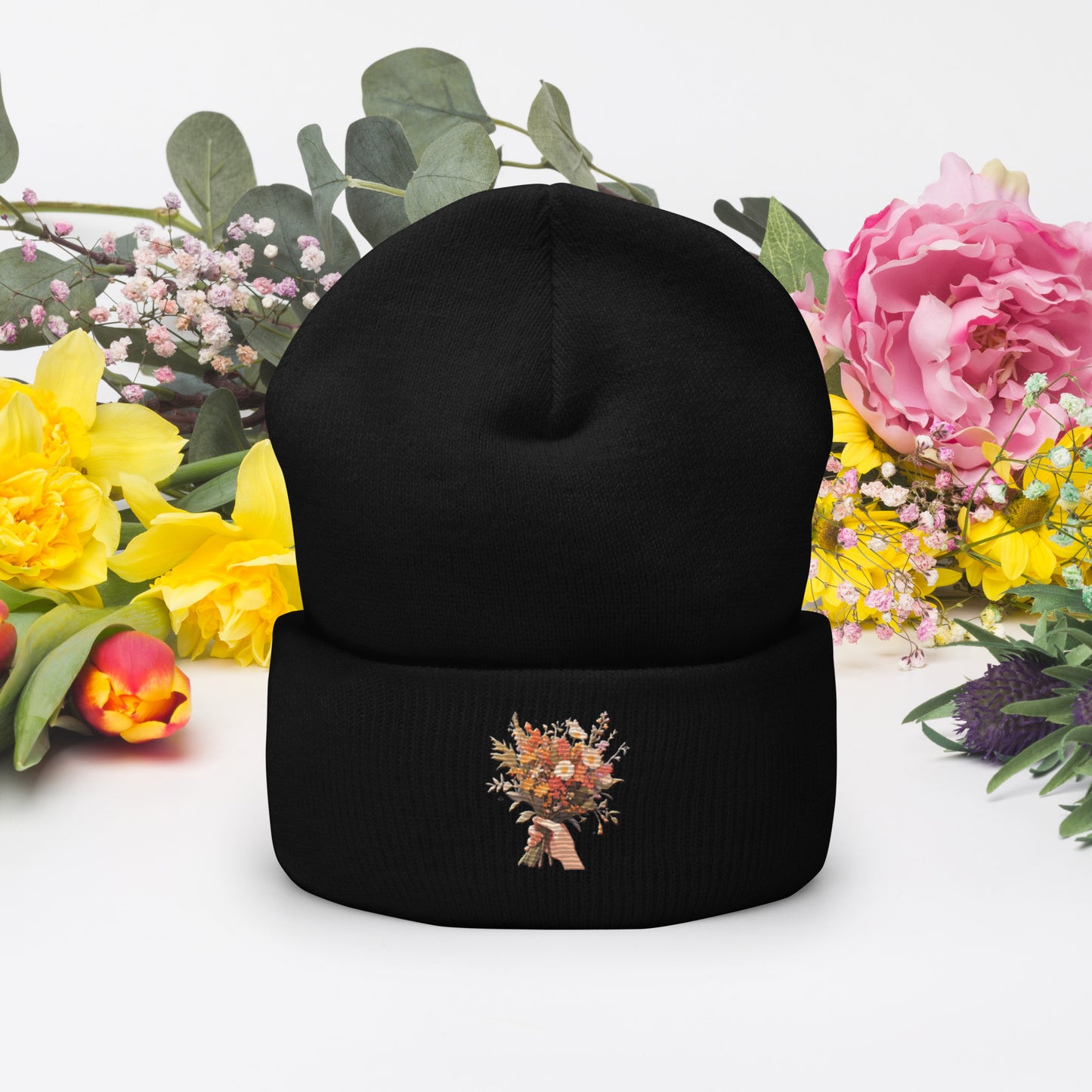 Hand Flower Bundle Embroidered Cuffed Beanie
