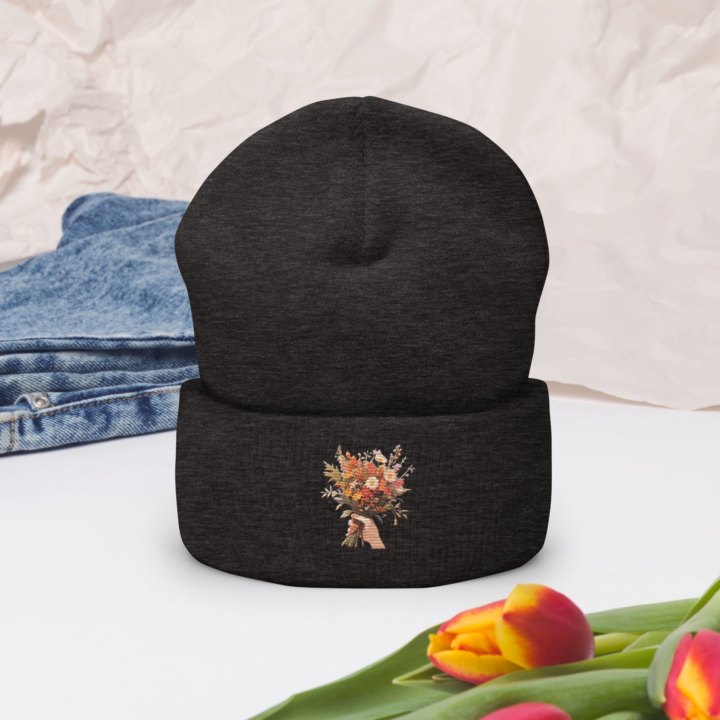 Hand Flower Bundle Embroidered Cuffed Beanie