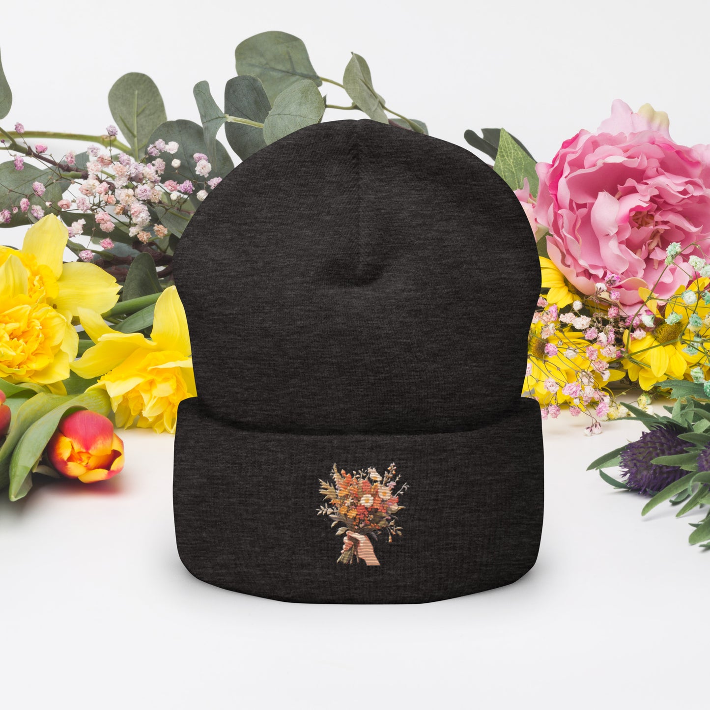 Hand Flower Bundle Embroidered Cuffed Beanie