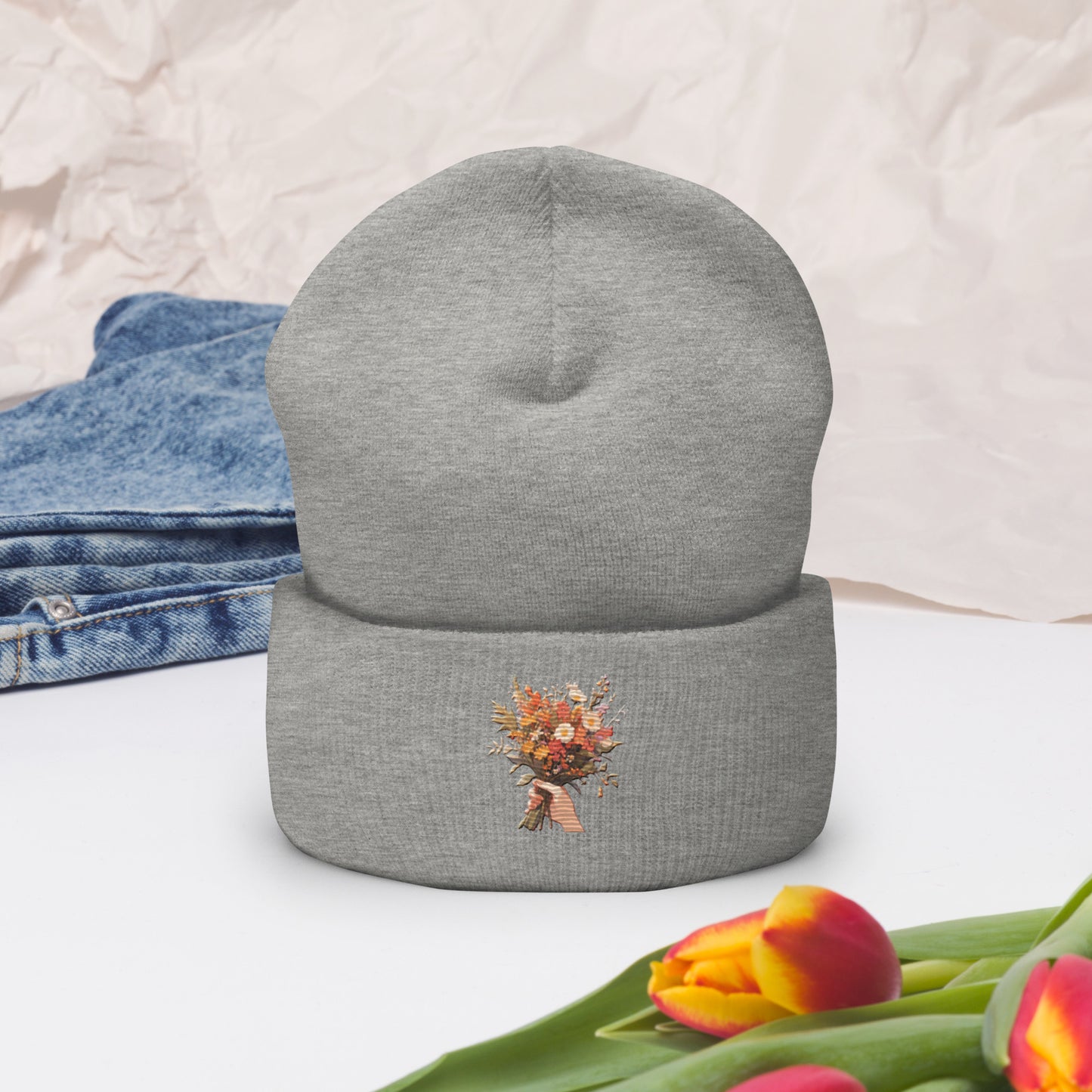 Hand Flower Bundle Embroidered Cuffed Beanie