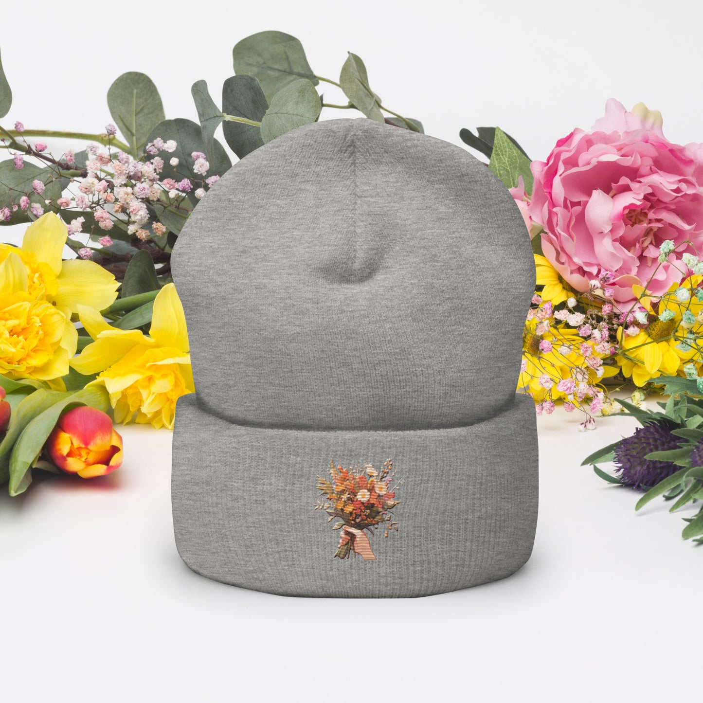 Hand Flower Bundle Embroidered Cuffed Beanie