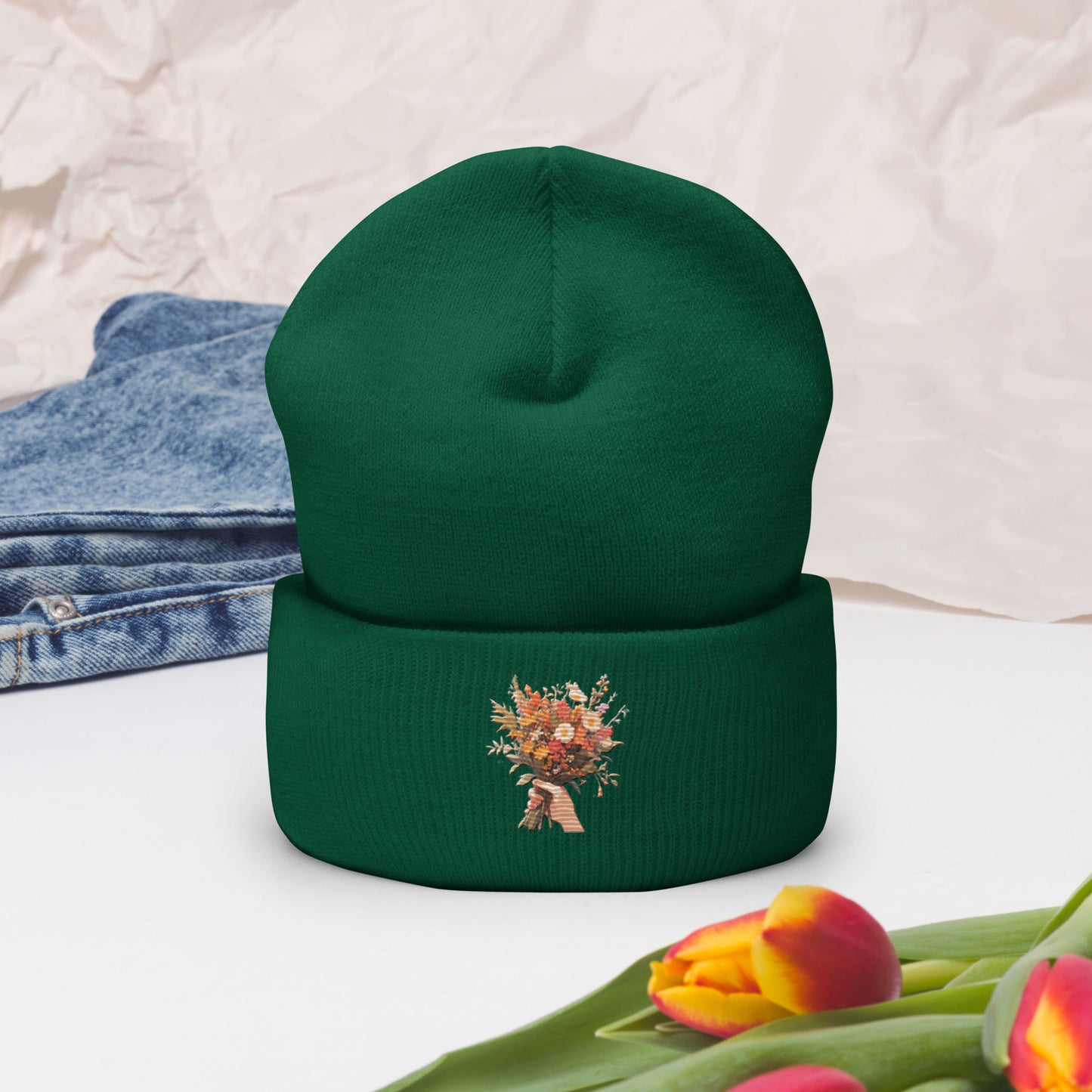 Hand Flower Bundle Embroidered Cuffed Beanie