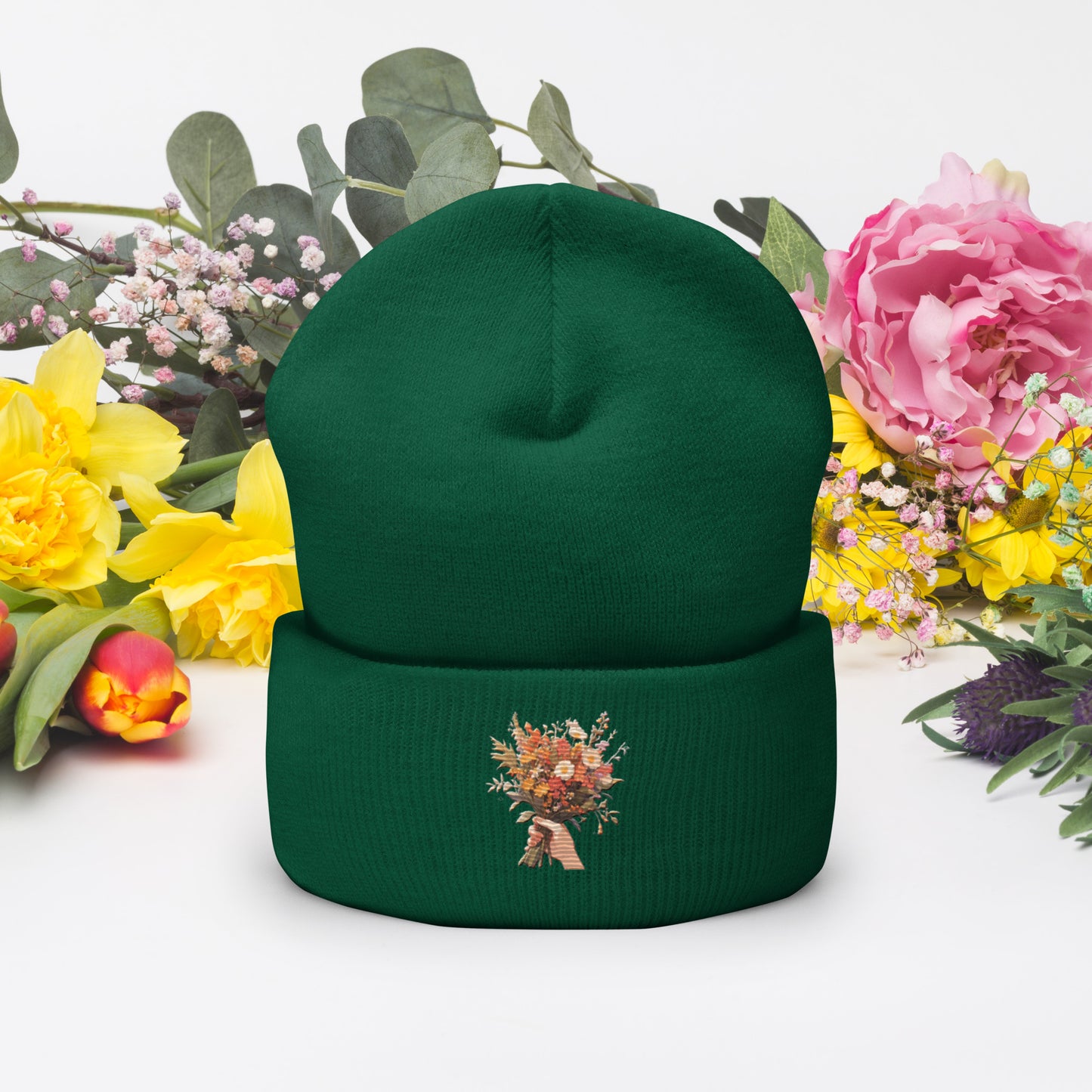 Hand Flower Bundle Embroidered Cuffed Beanie