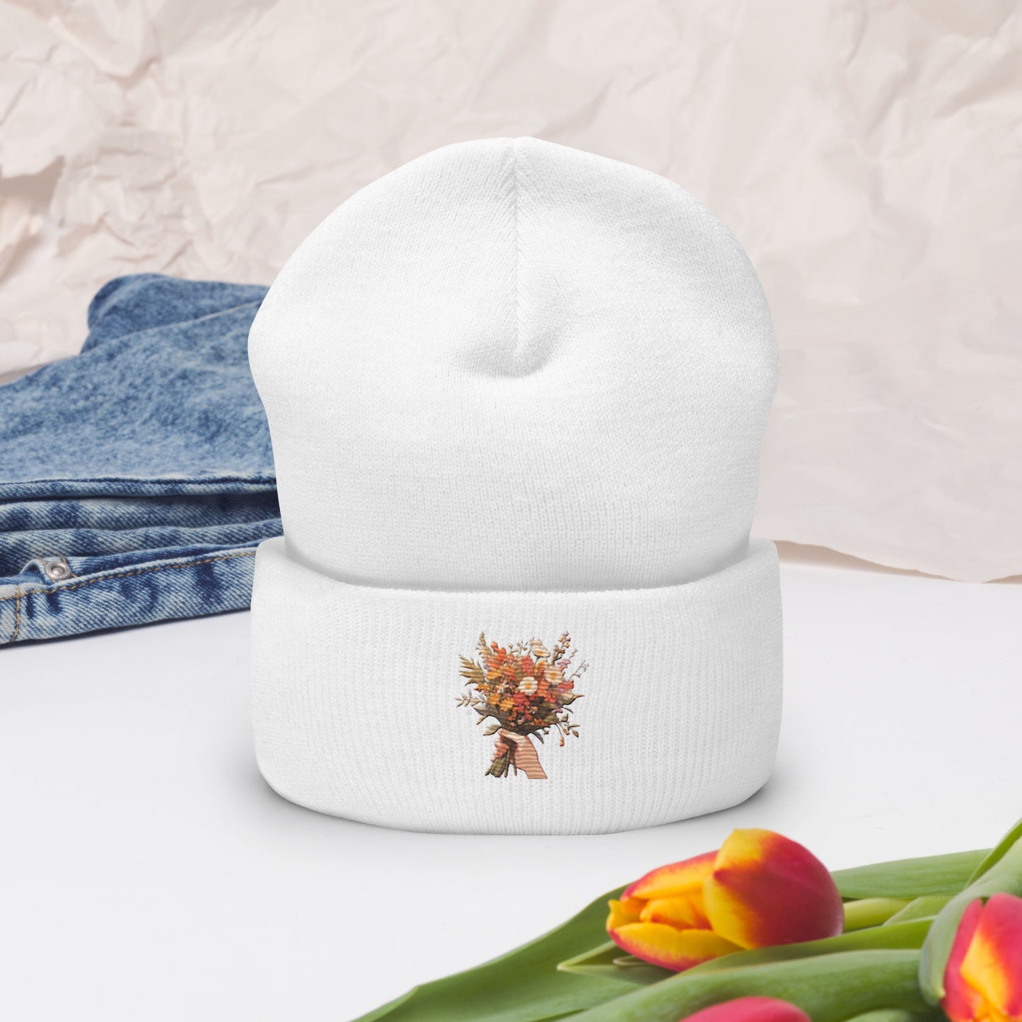 Hand Flower Bundle Embroidered Cuffed Beanie