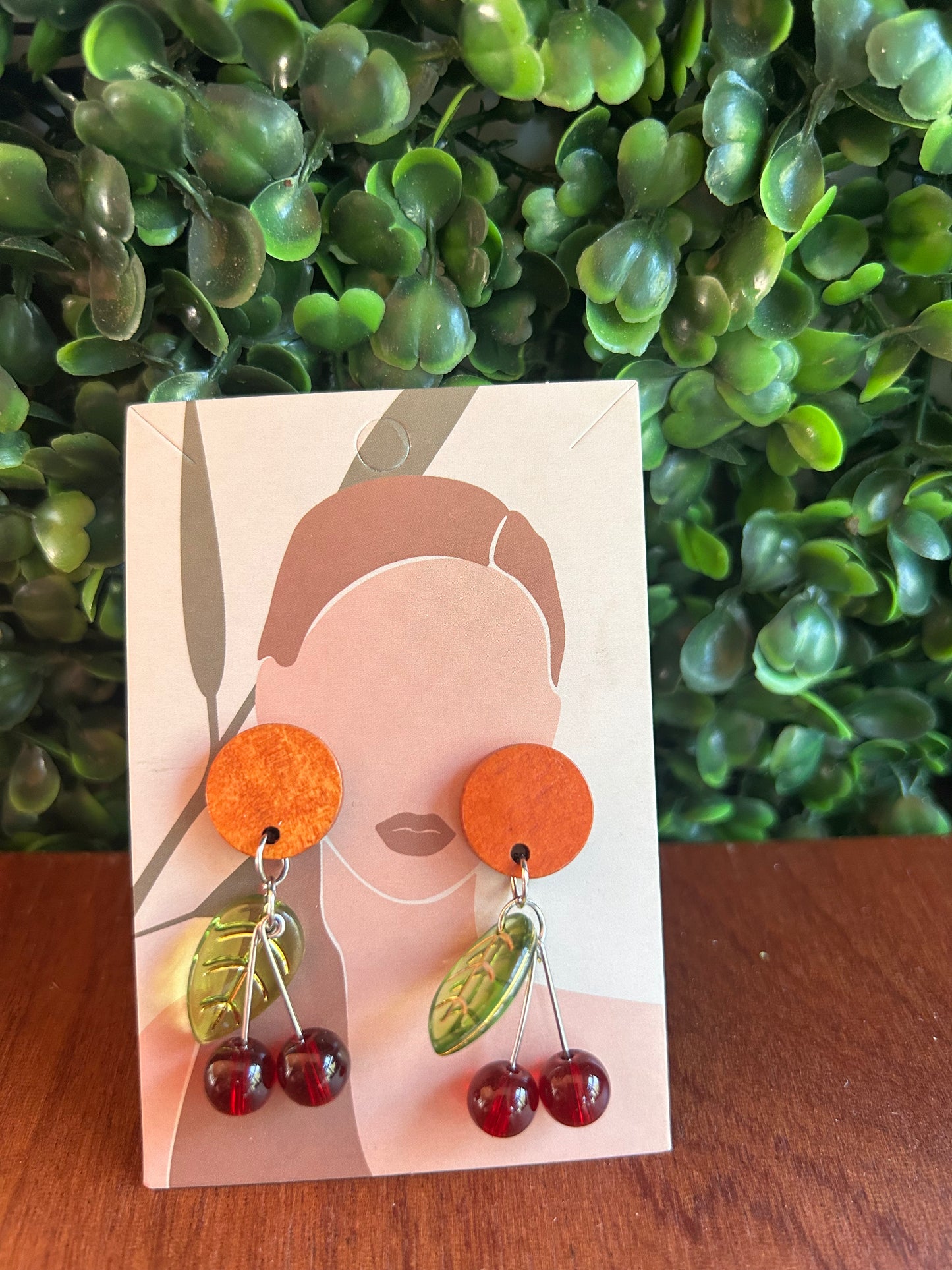 Wood stud cherry earrings