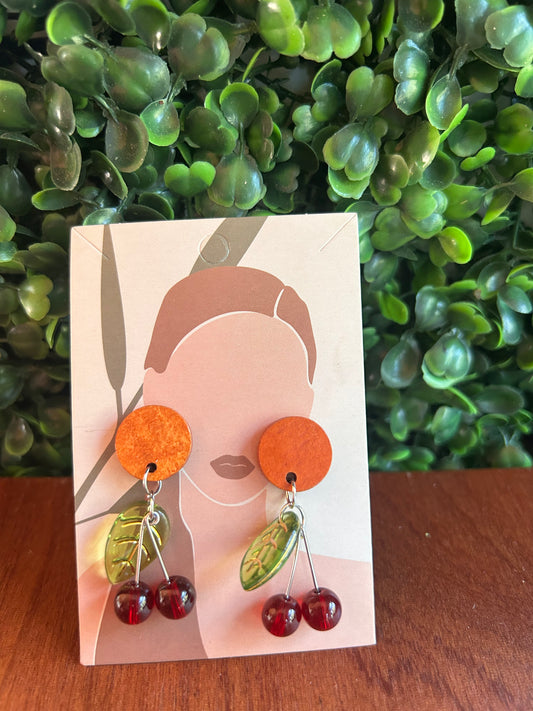 Wood stud cherry earrings