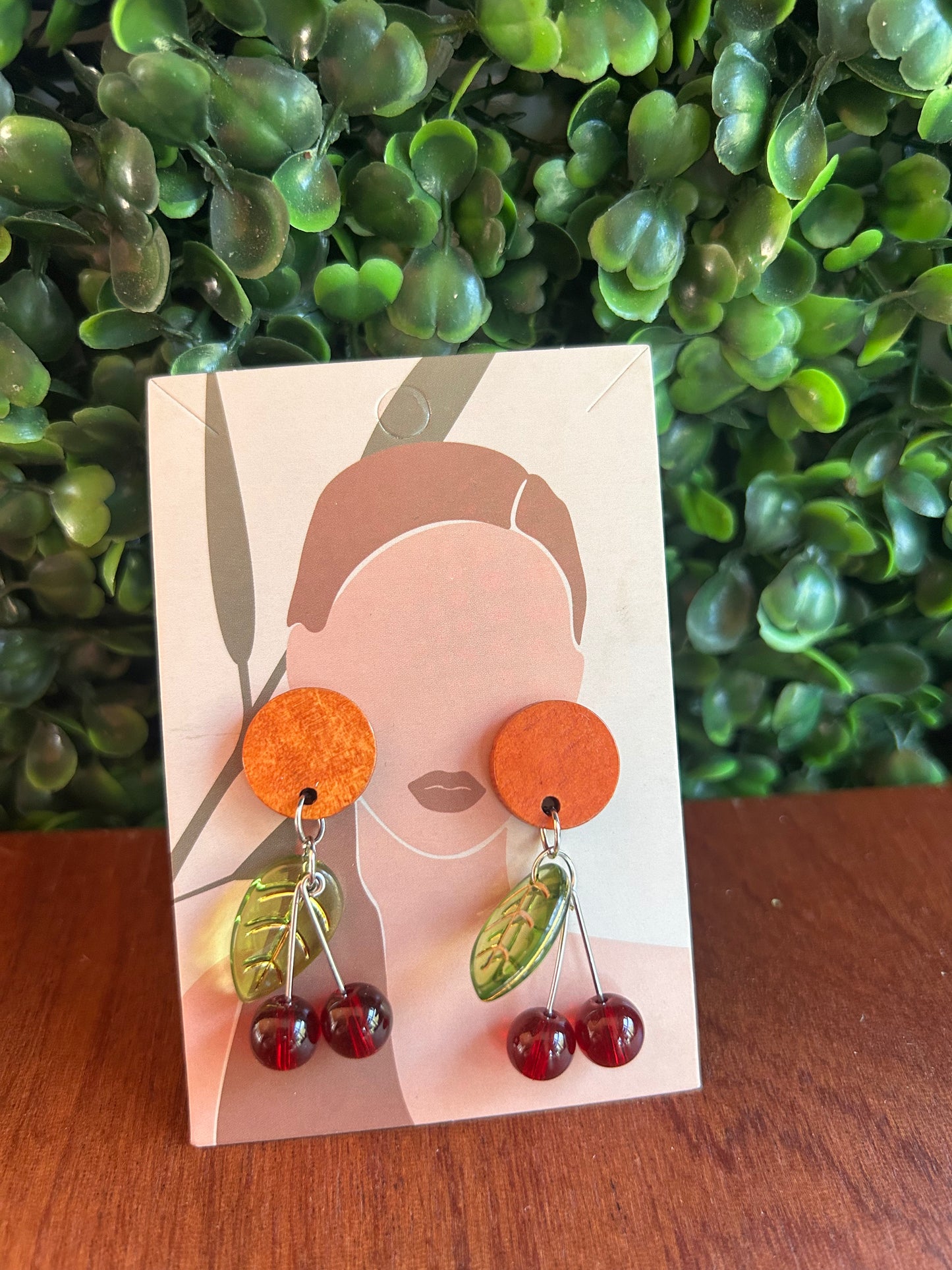 Wood stud cherry earrings